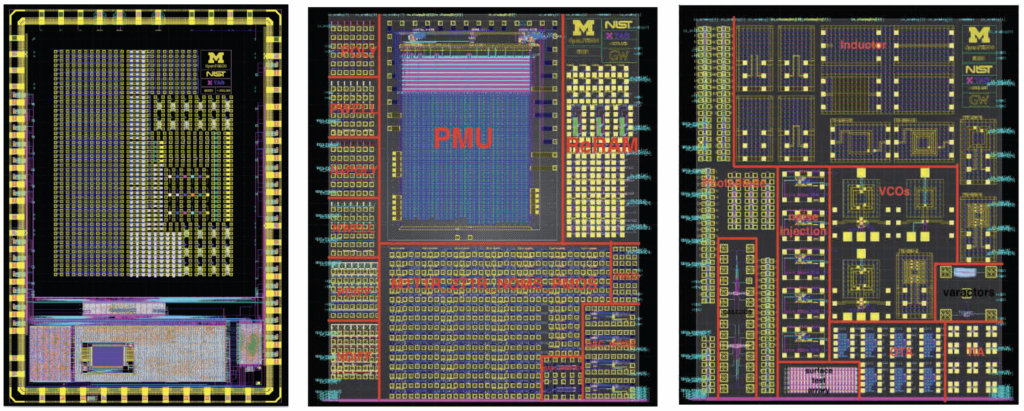 A row of three colorful computer chip designs.